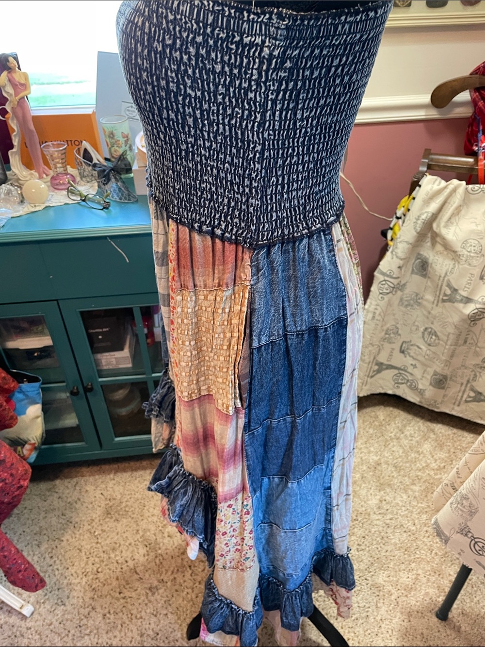 Smocked Denim Bohemian Patchwork Midi Dress in Blue Young Threads - Picture 10 of 17